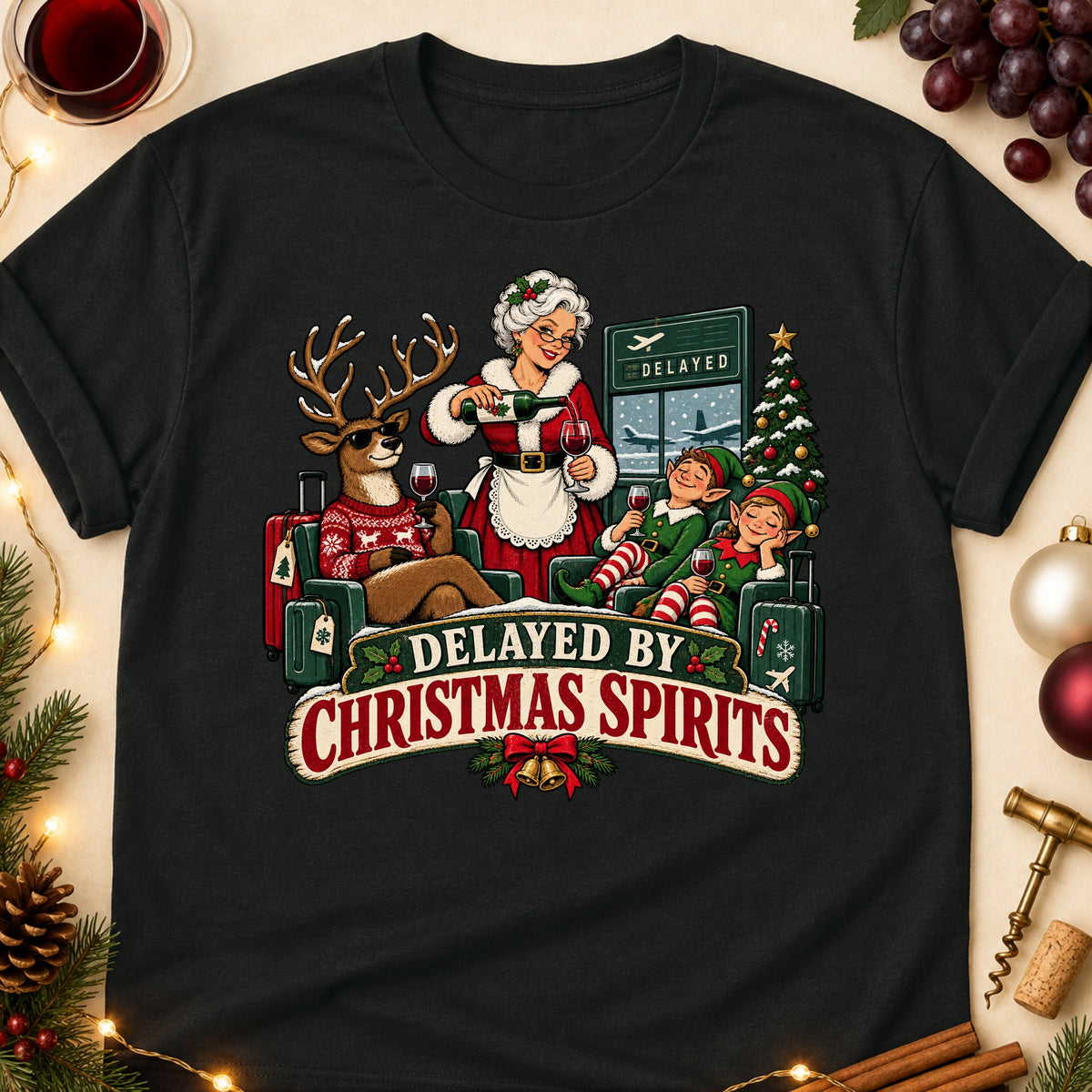 Delayed By Christmas Spirits Colored Print T-Shirt - Black - Brooke & Belle