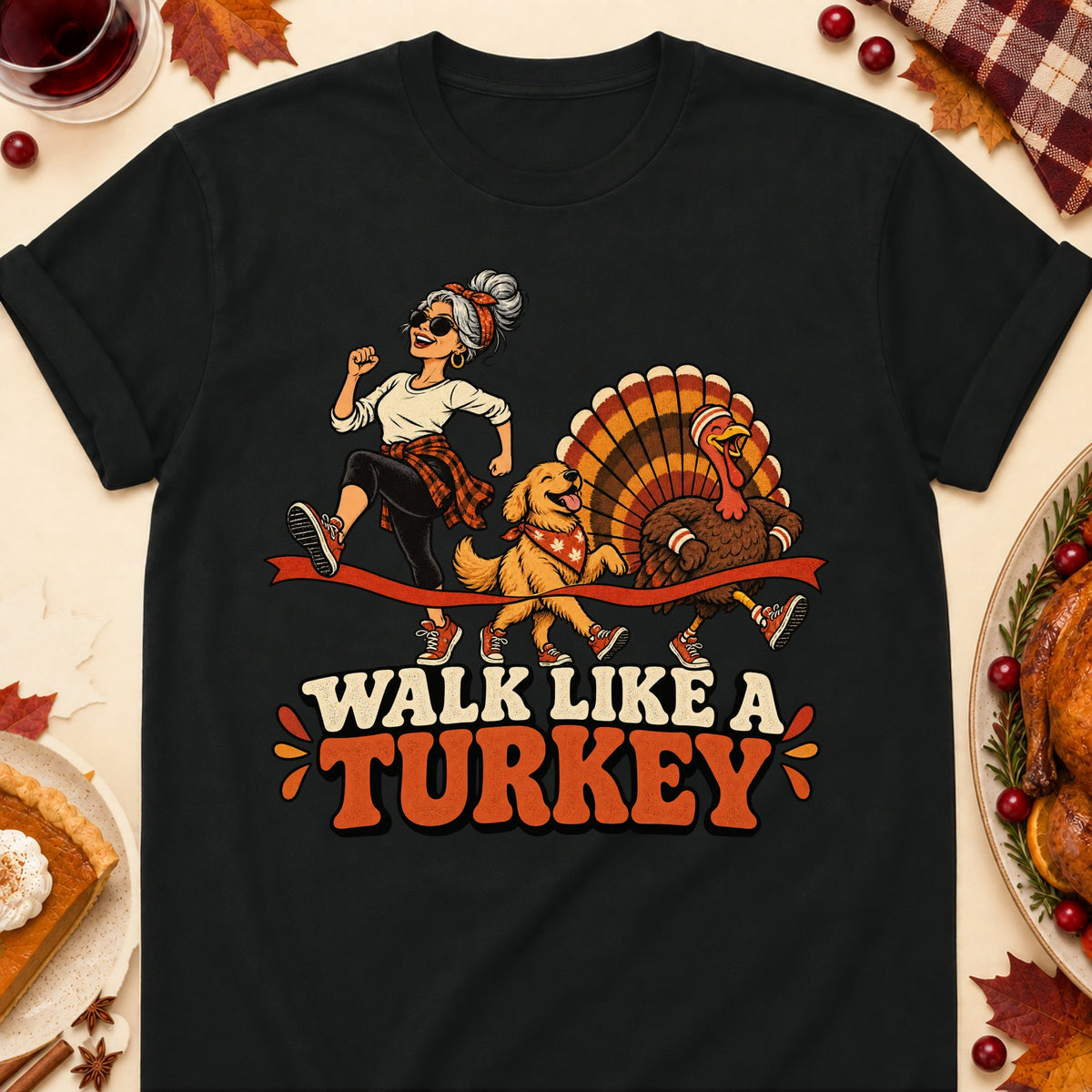 Walk Like A Turkey Thanksgiving Dog Mom T-Shirt in Black