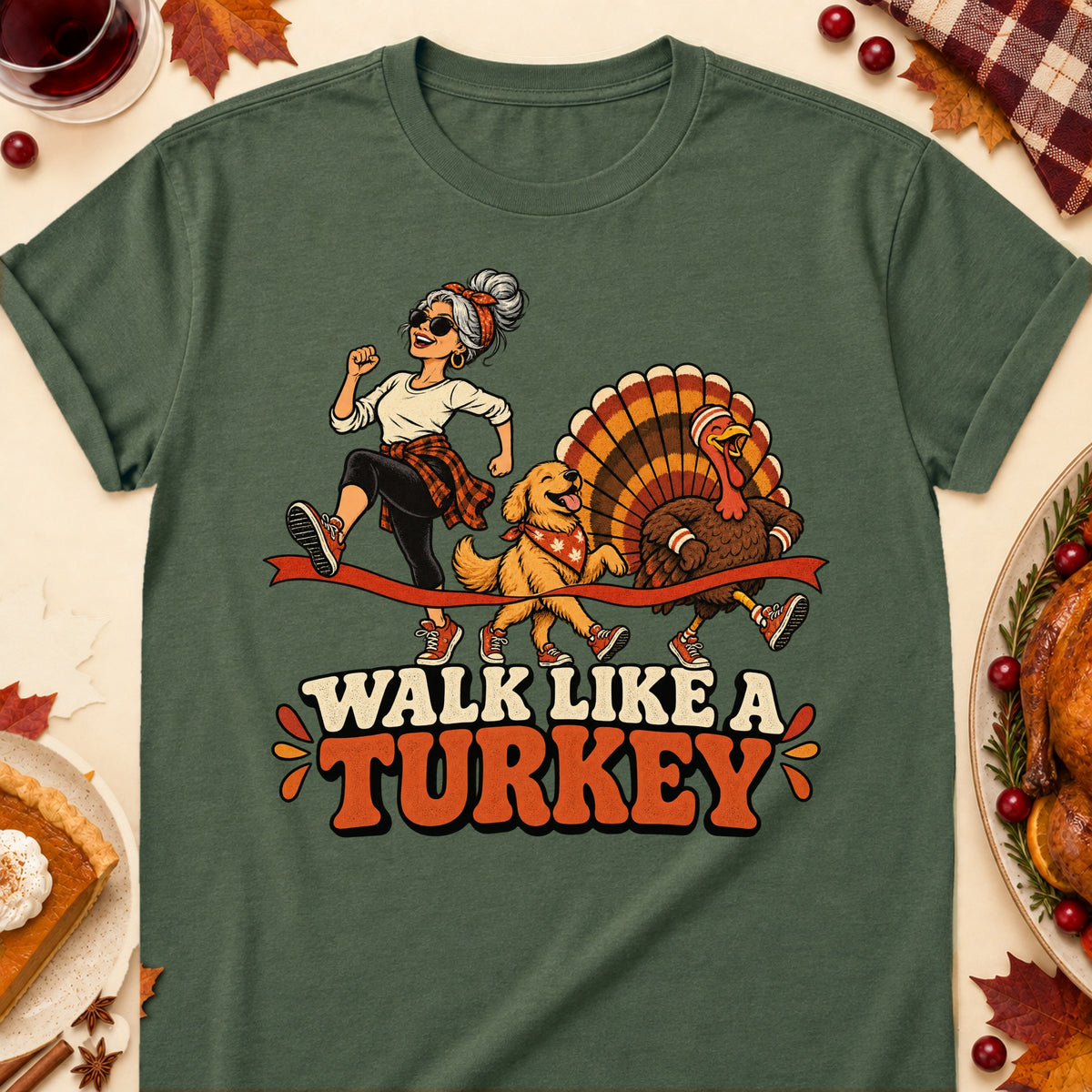 Walk Like A Turkey Thanksgiving Dog Mom T-Shirt in Military Green