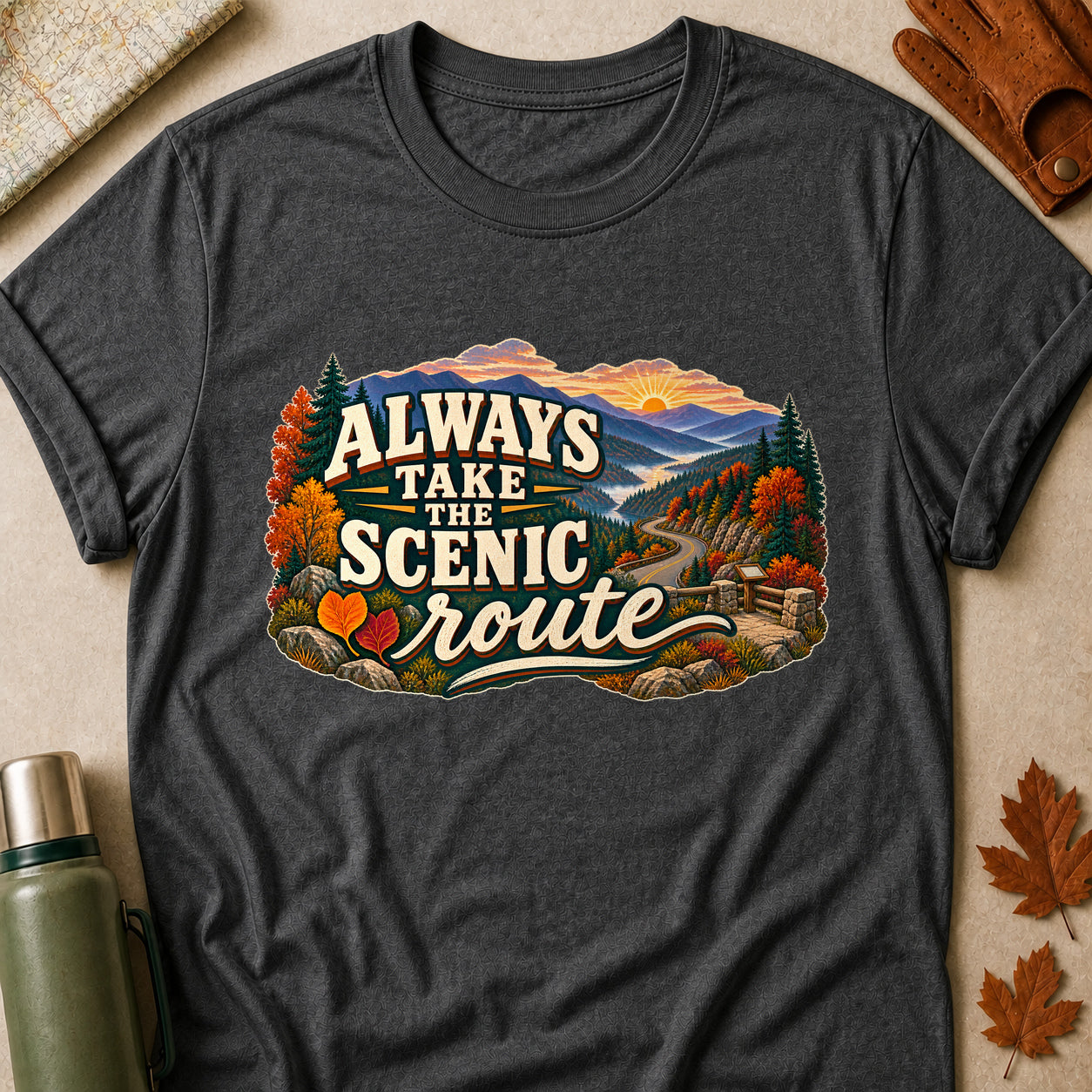 Always Take The Scenic Route Fall Colored Print T-Shirt - Dark Heather - Brooke & Belle