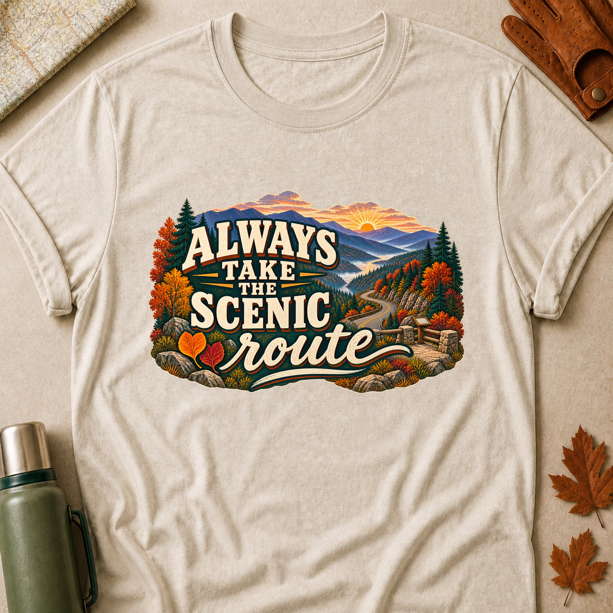 Always Take The Scenic Route Fall Colored Print T-Shirt - Heather Oatmeal - Brooke & Belle