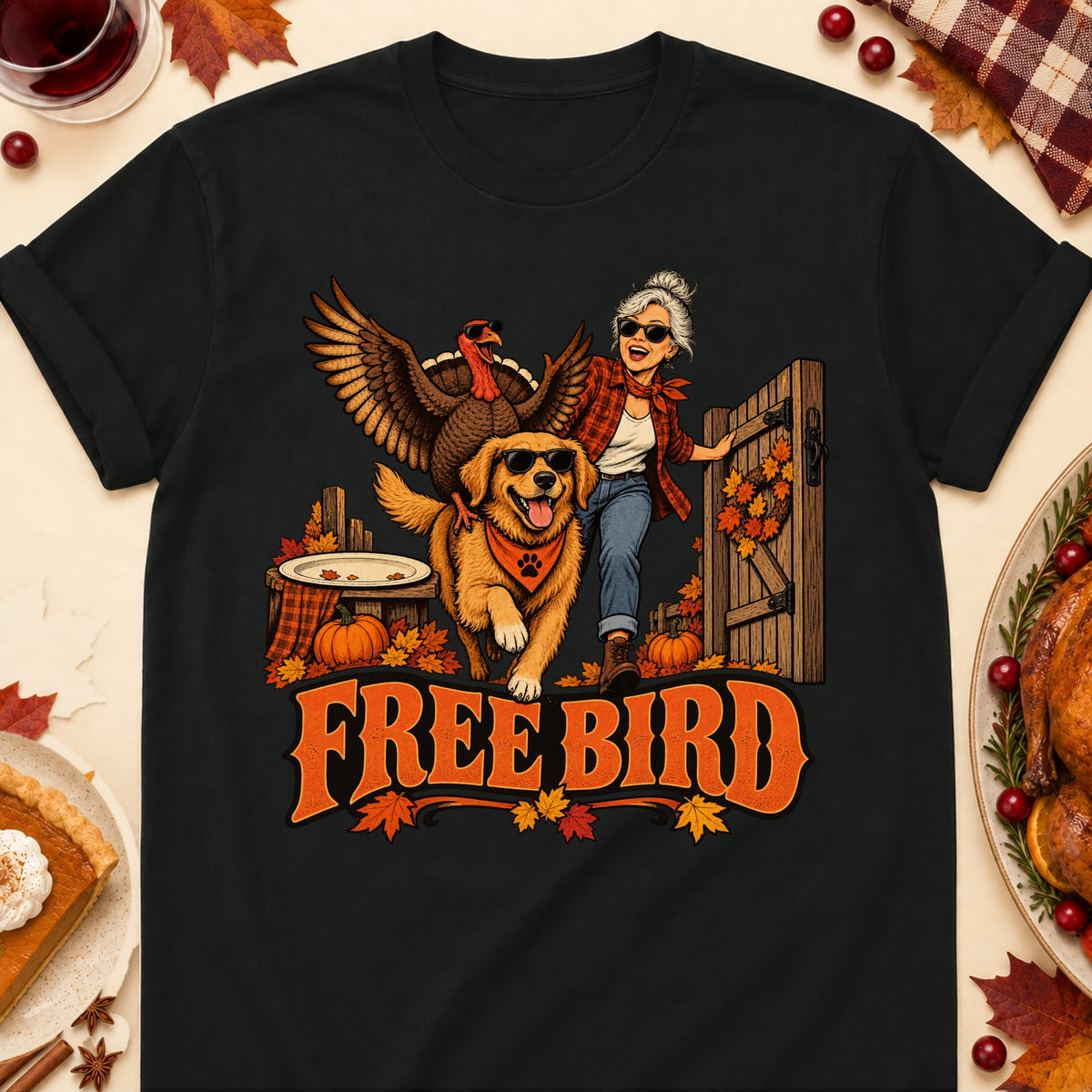 Free Bird Thanksgiving Dog Mom T-Shirt in Black