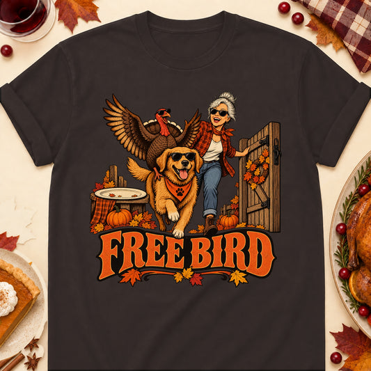 Free Bird Thanksgiving Dog Mom T-Shirt in Dark Chocolate