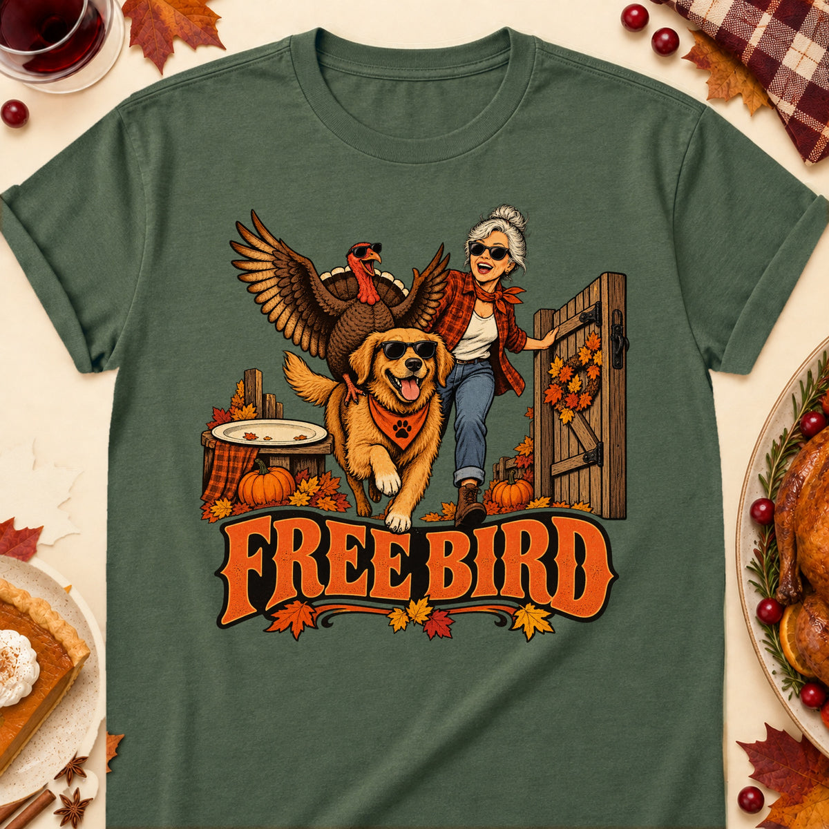 Free Bird Thanksgiving Dog Mom T-Shirt in Military Green