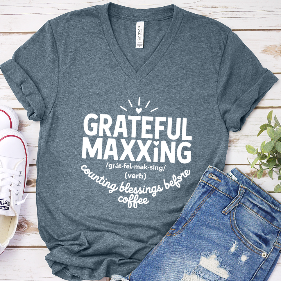 Gratefulmaxxing V-Neck - Heather Slate - Brooke & Belle