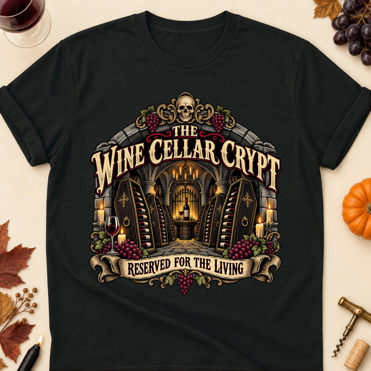 The Wine Cellar Crypt Reserved For The Living Colored Print T-Shirt - Black - Brooke & Belle