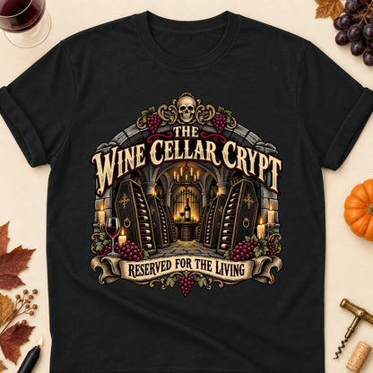 The Wine Cellar Crypt Reserved For The Living Colored Print T-Shirt - Black - Brooke & Belle