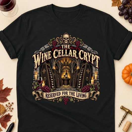 The Wine Cellar Crypt Reserved For The Living Colored Print T-Shirt - Black - Brooke & Belle