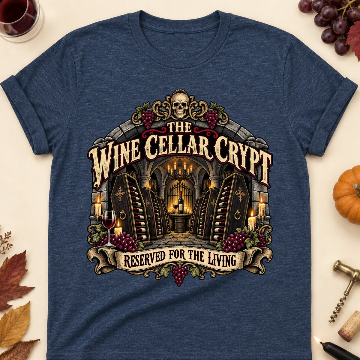 The Wine Cellar Crypt Reserved For The Living Colored Print T-Shirt - Heather Navy - Brooke & Belle