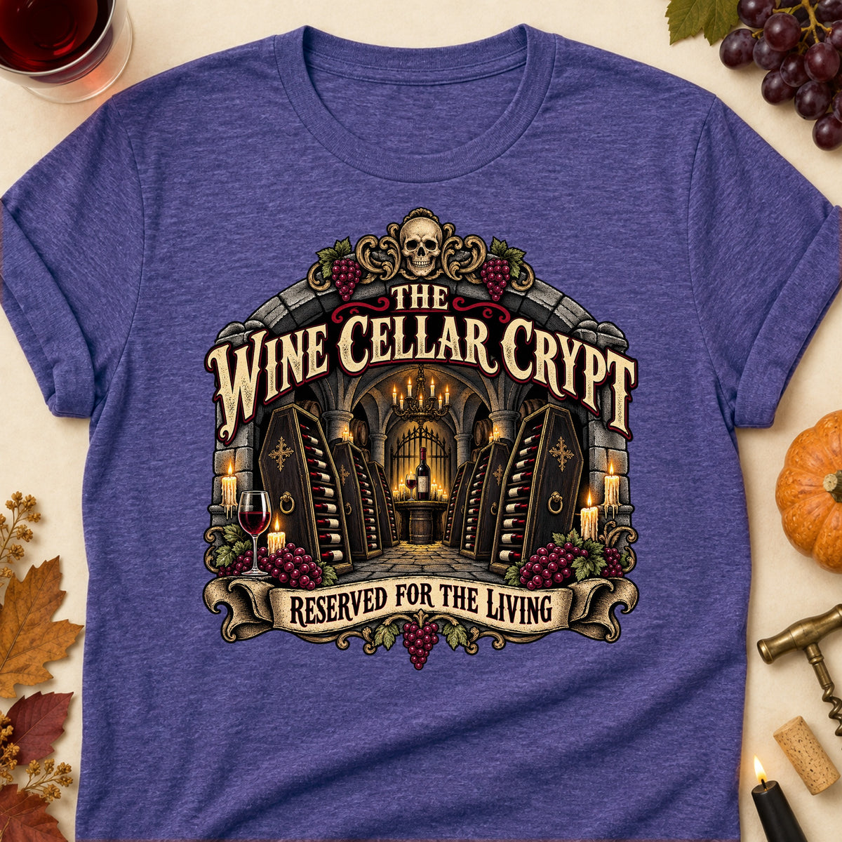 The Wine Cellar Crypt Reserved For The Living Colored Print T-Shirt - Heather Purple - Brooke & Belle