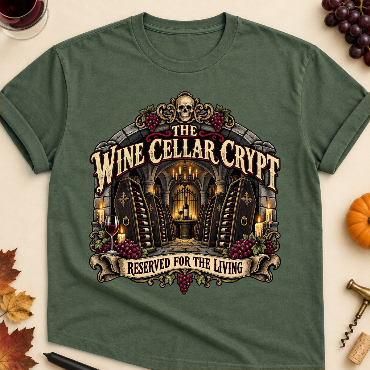 The Wine Cellar Crypt Reserved For The Living Colored Print T-Shirt - Military Green - Brooke & Belle