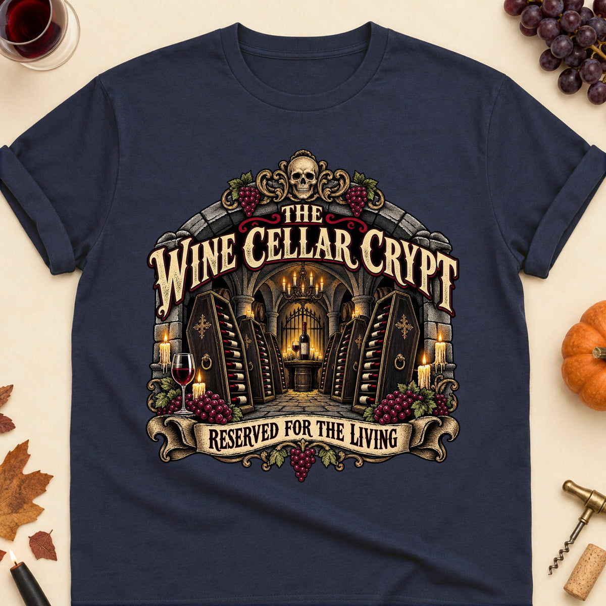 The Wine Cellar Crypt Reserved For The Living Colored Print T-Shirt - Navy - Brooke & Belle