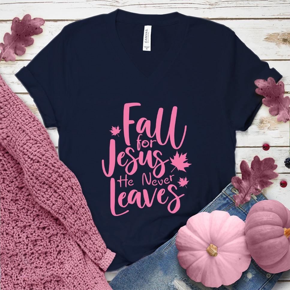 Fall For Jesus He Never Leaves V-Neck Pink Edition - Brooke & Belle