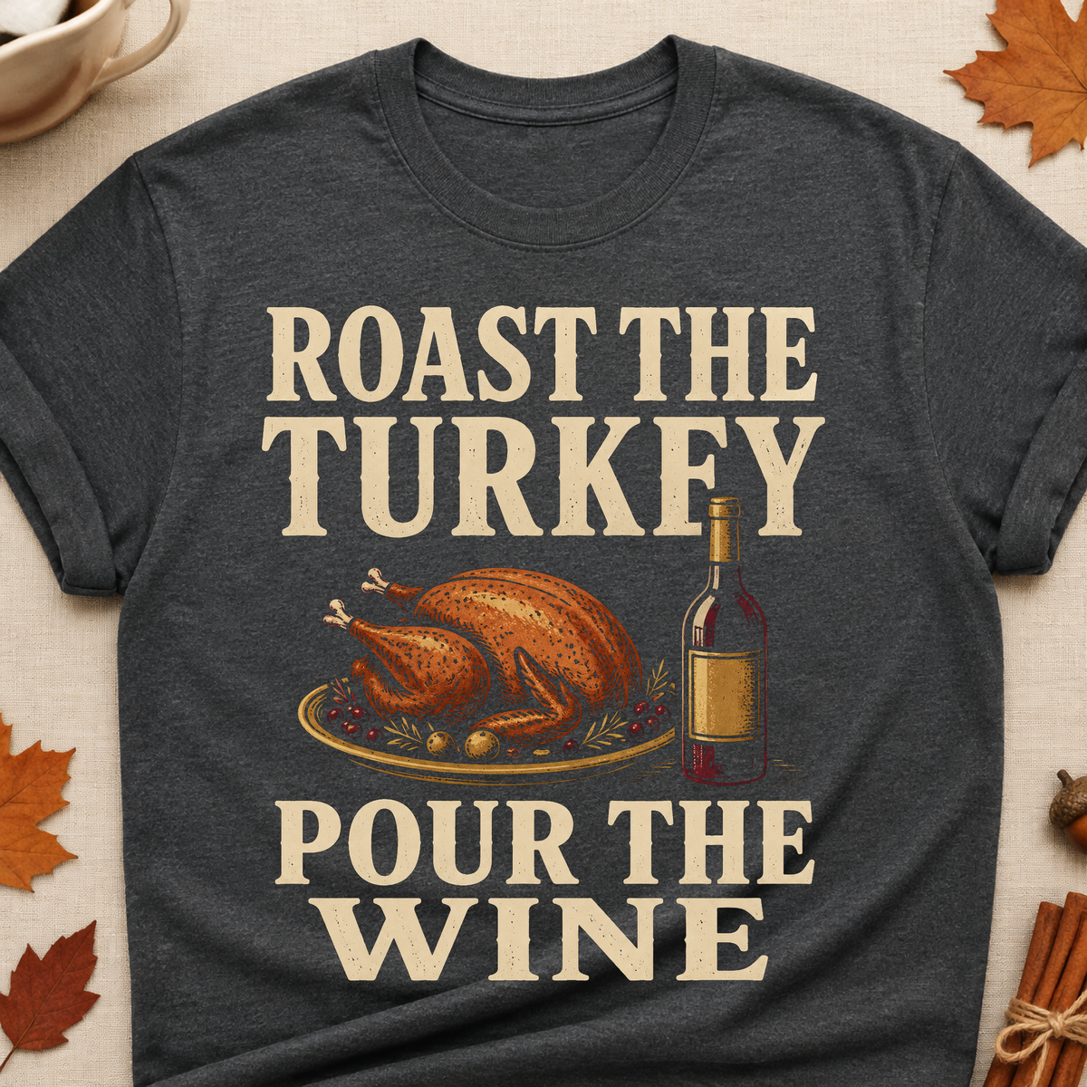 Roast The Turkey Pour The Wine Fall Colored Print T-Shirt - Dark Heather - Brooke & Belle