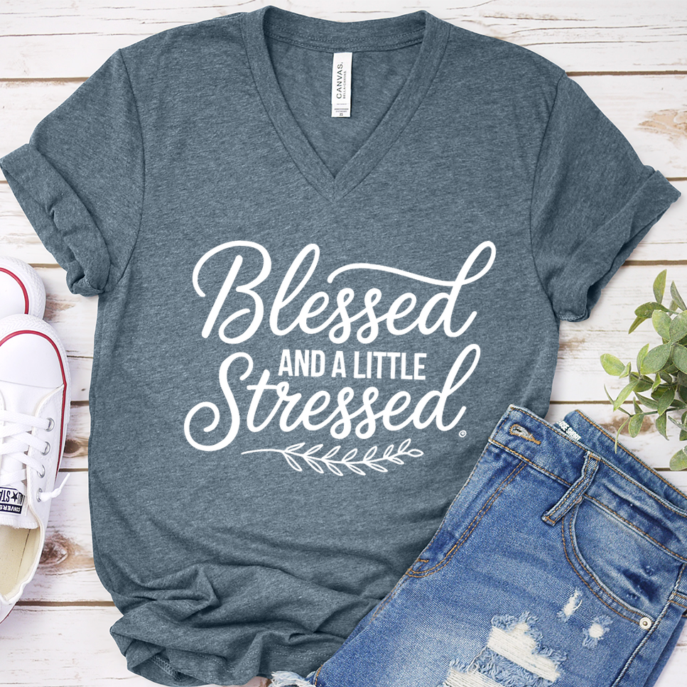 Blessed And A Little Stressed V-Neck - Heather Slate - Brooke & Belle