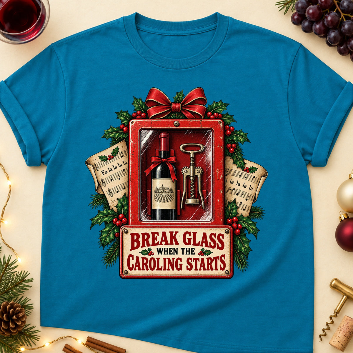 Break Glass When The Caroling Starts Colored Print T-Shirt - Antique Sapphire - Brooke & Belle