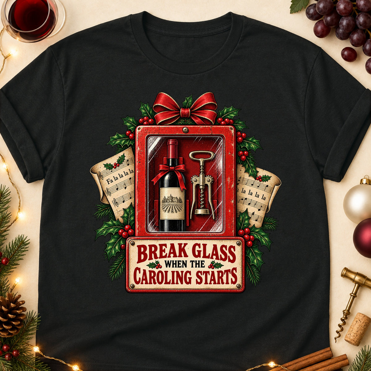 Break Glass When The Caroling Starts Colored Print T-Shirt - Black - Brooke & Belle