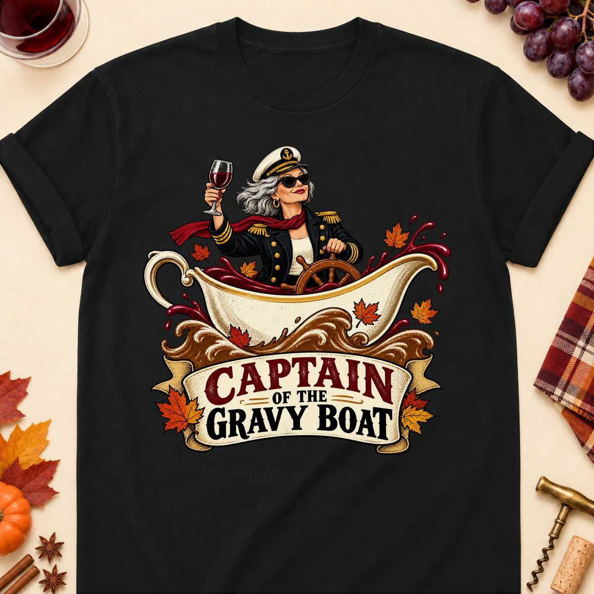 Captain Of The Gravy Boat Colored Print T-Shirt - Black - Brooke & Belle