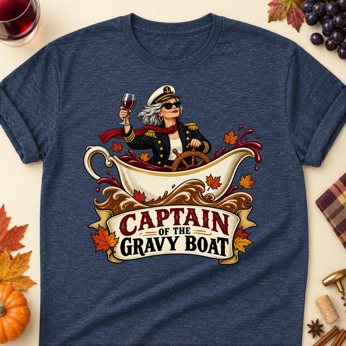 Captain Of The Gravy Boat Colored Print T-Shirt - Heather Navy - Brooke & Belle