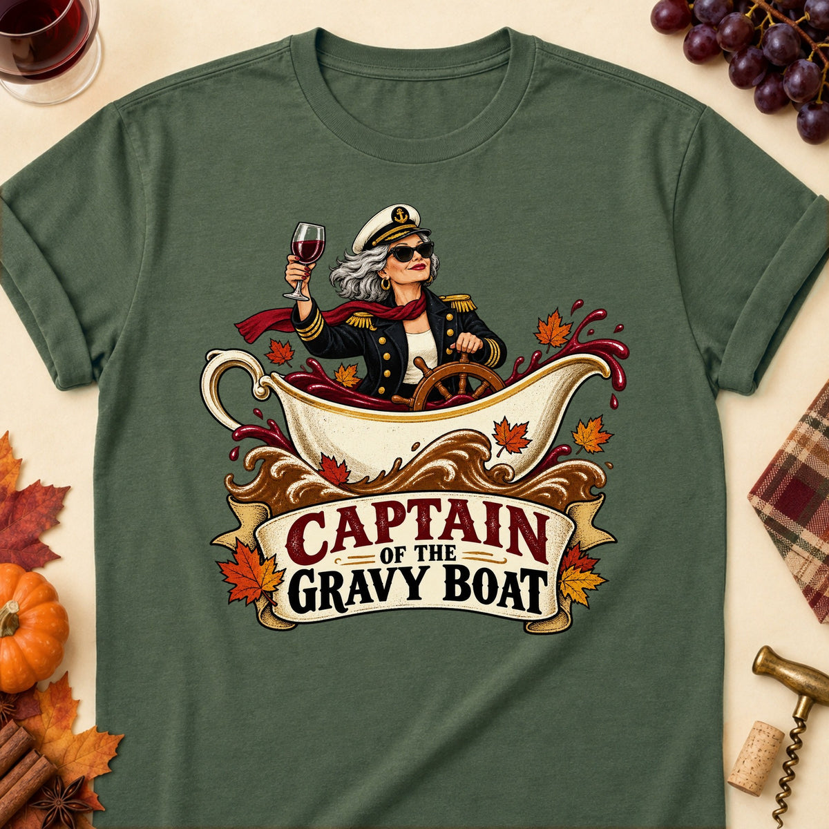 Captain Of The Gravy Boat Colored Print T-Shirt - Military Green - Brooke & Belle