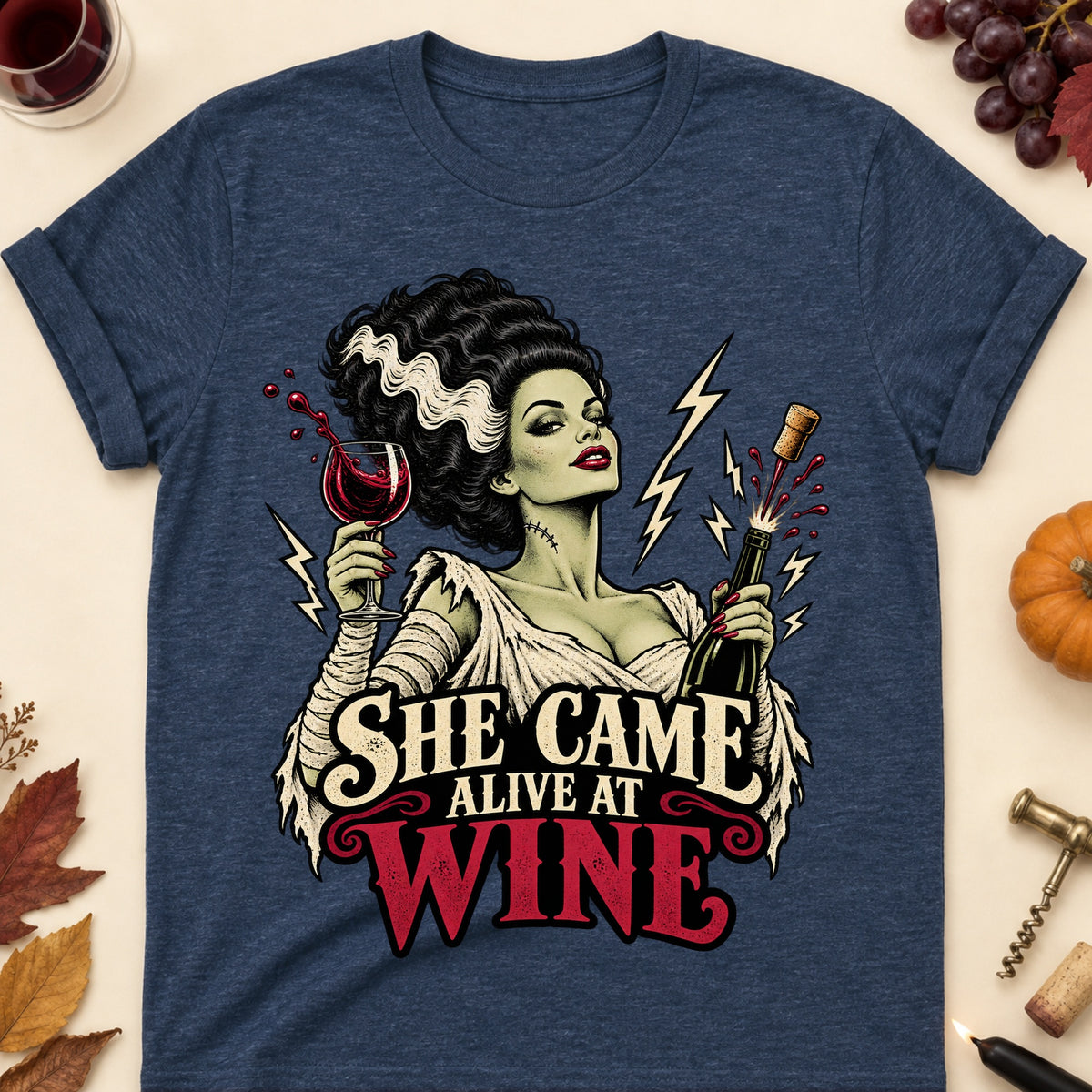 She Came Alive At Wine Colored Print T-Shirt - Heather Navy - Brooke & Belle