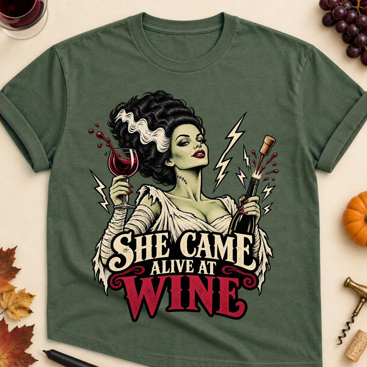 She Came Alive At Wine Colored Print T-Shirt - Military Green - Brooke & Belle