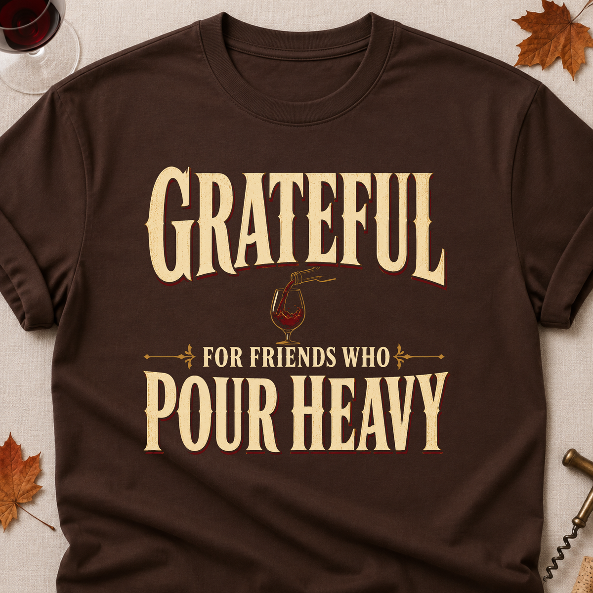 Grateful For Friends Who Pour Heavy Fall Colored Print T-Shirt - Dark Chocolate - Brooke & Belle