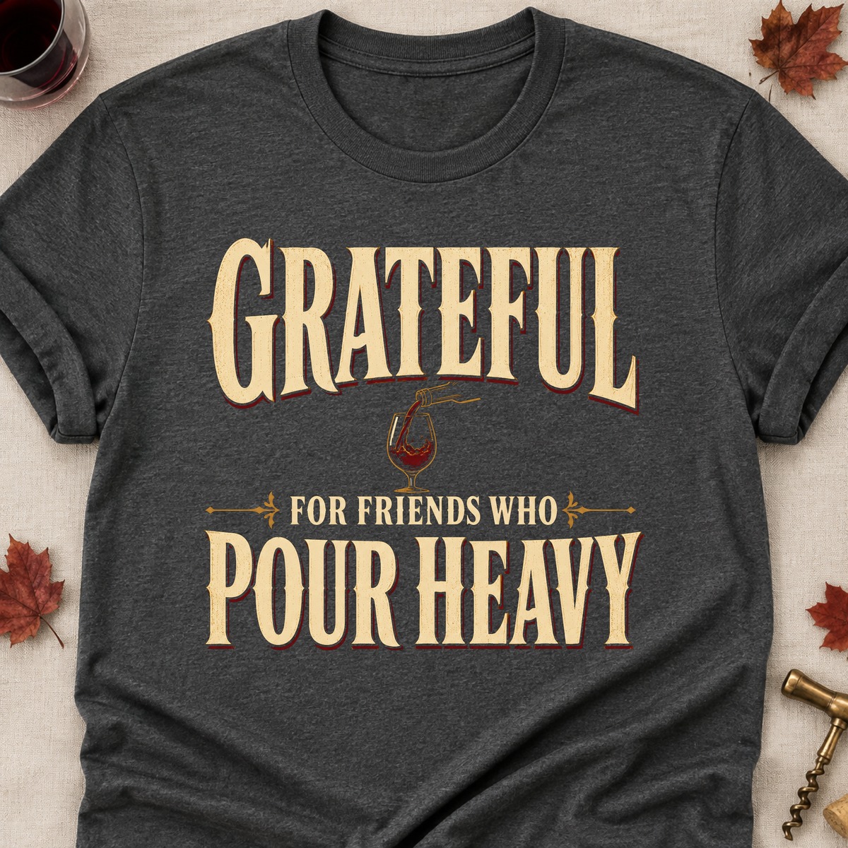 Grateful For Friends Who Pour Heavy Fall Colored Print T-Shirt - Dark Heather - Brooke & Belle