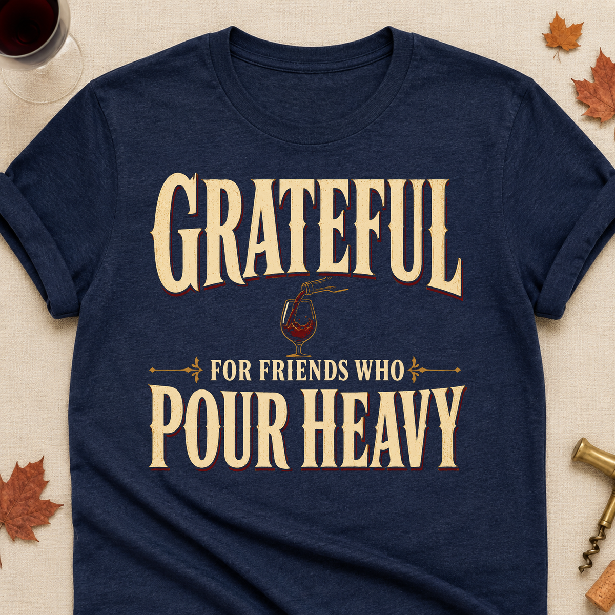 Grateful For Friends Who Pour Heavy Fall Colored Print T-Shirt - Heather Navy - Brooke & Belle