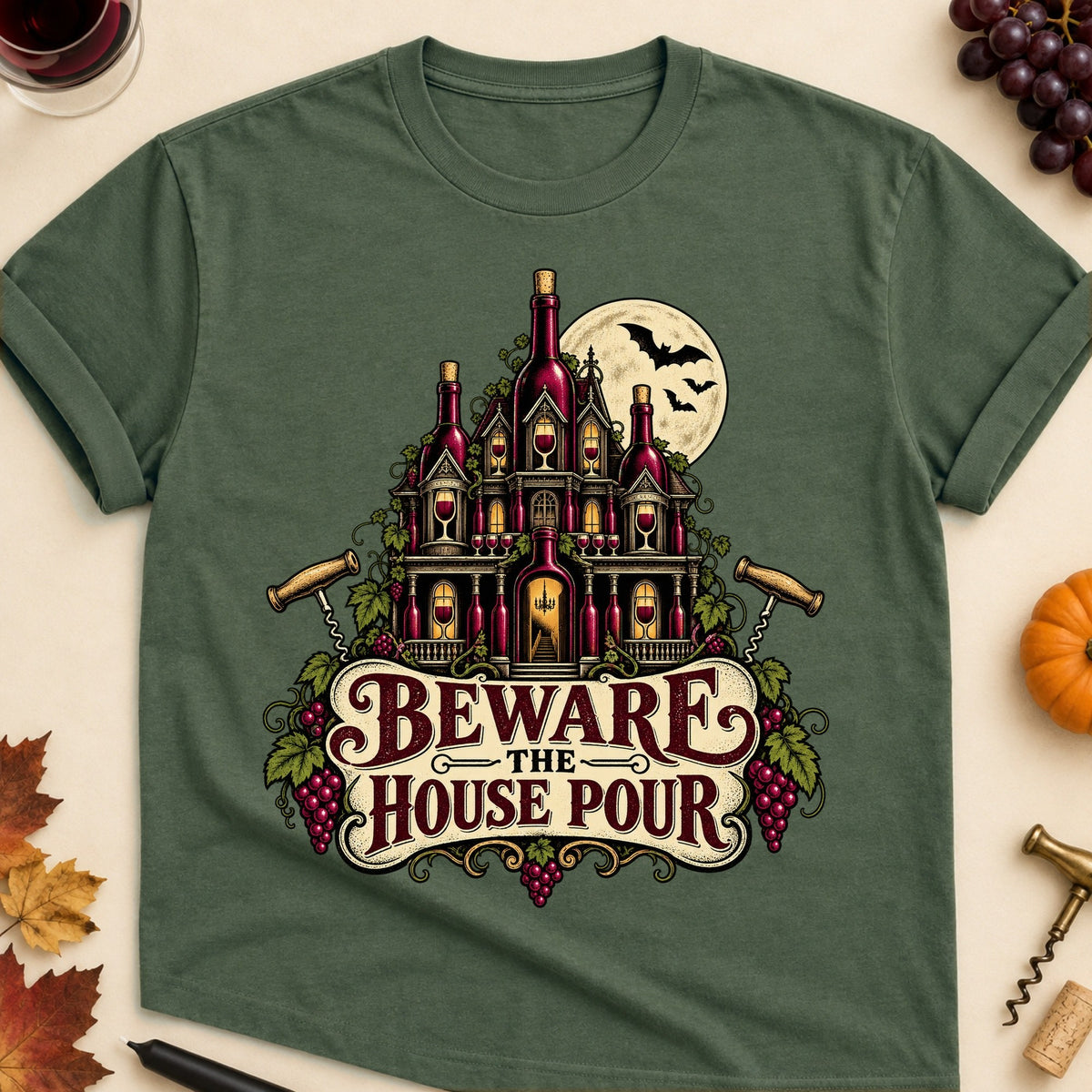 Beware The House Pour Colored Print T-Shirt - Military Green - Brooke & Belle