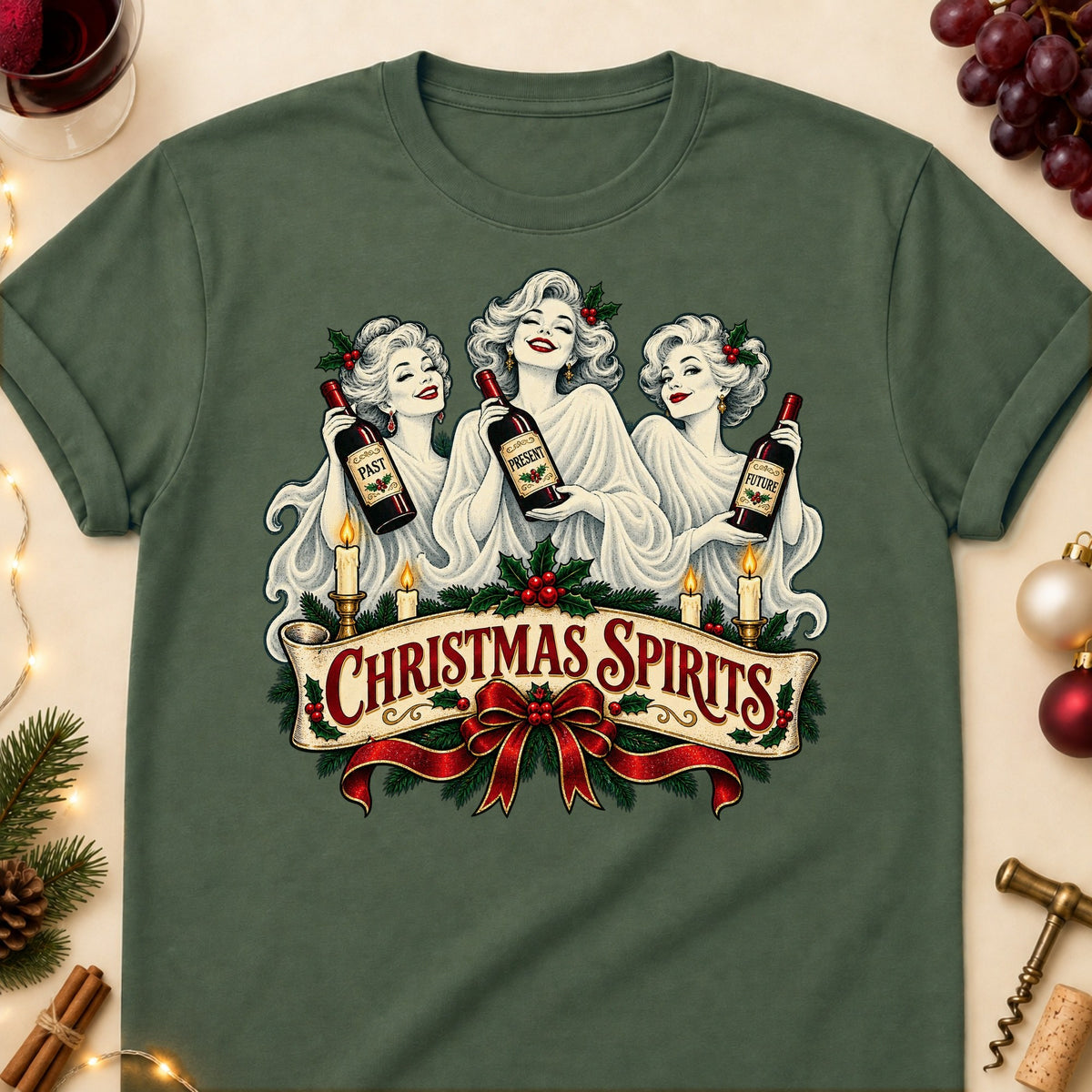 Christmas Spirits Colored Print T-Shirt - Military Green - Brooke & Belle