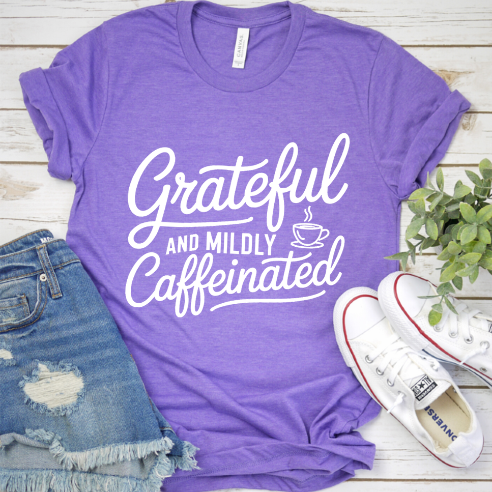 Grateful And Mildly Caffeinated T-Shirt - Heather Purple - Brooke & Belle