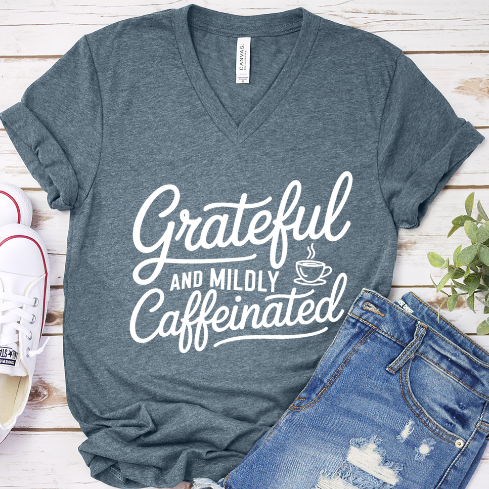 Grateful And Mildly Caffeinated V-Neck - Heather Slate - Brooke & Belle