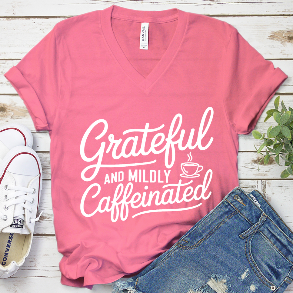 Grateful And Mildly Caffeinated V-Neck - Neon Pink - Brooke & Belle