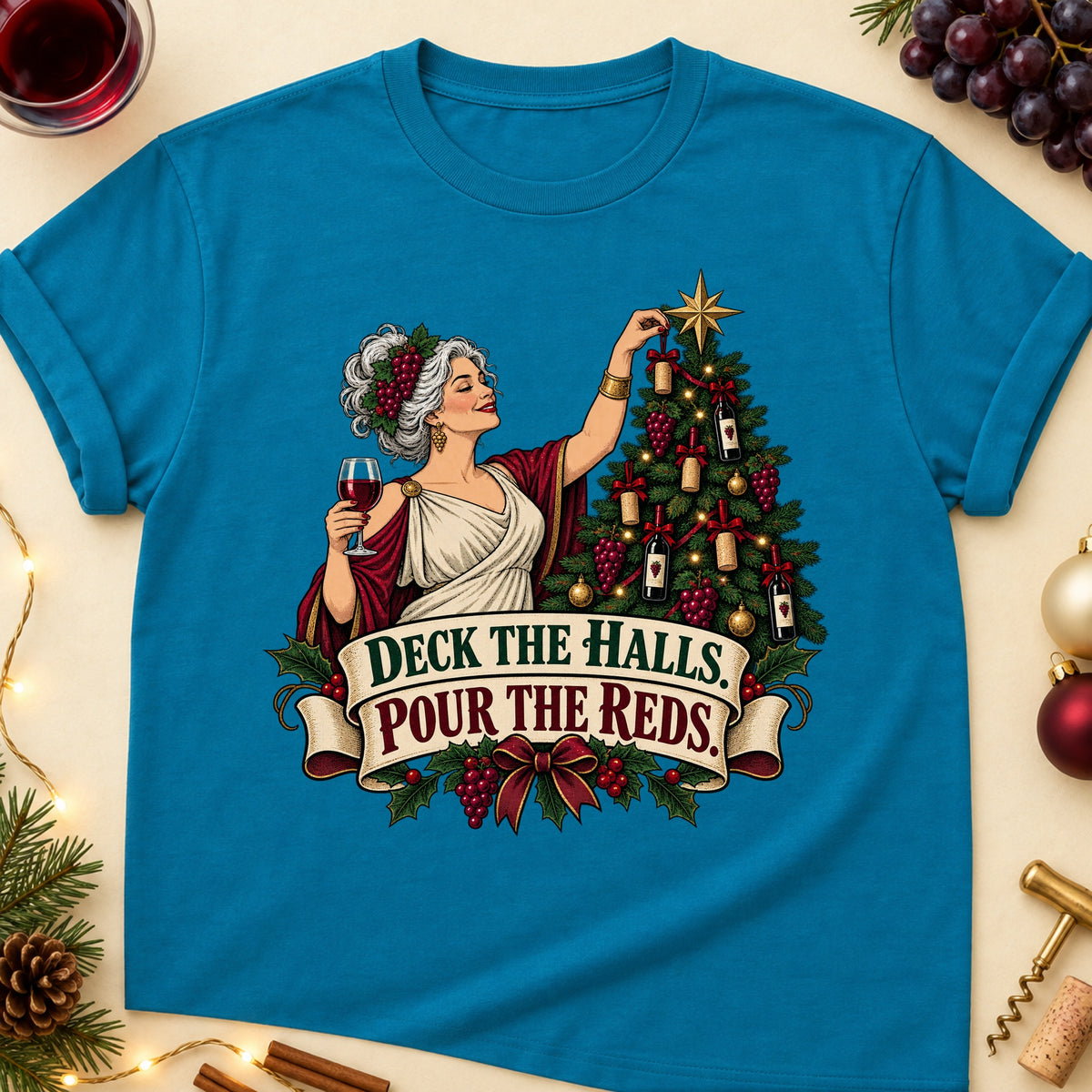 Deck The Halls. Pour The Reds Colored Print T-Shirt - Antique Sapphire - Brooke & Belle