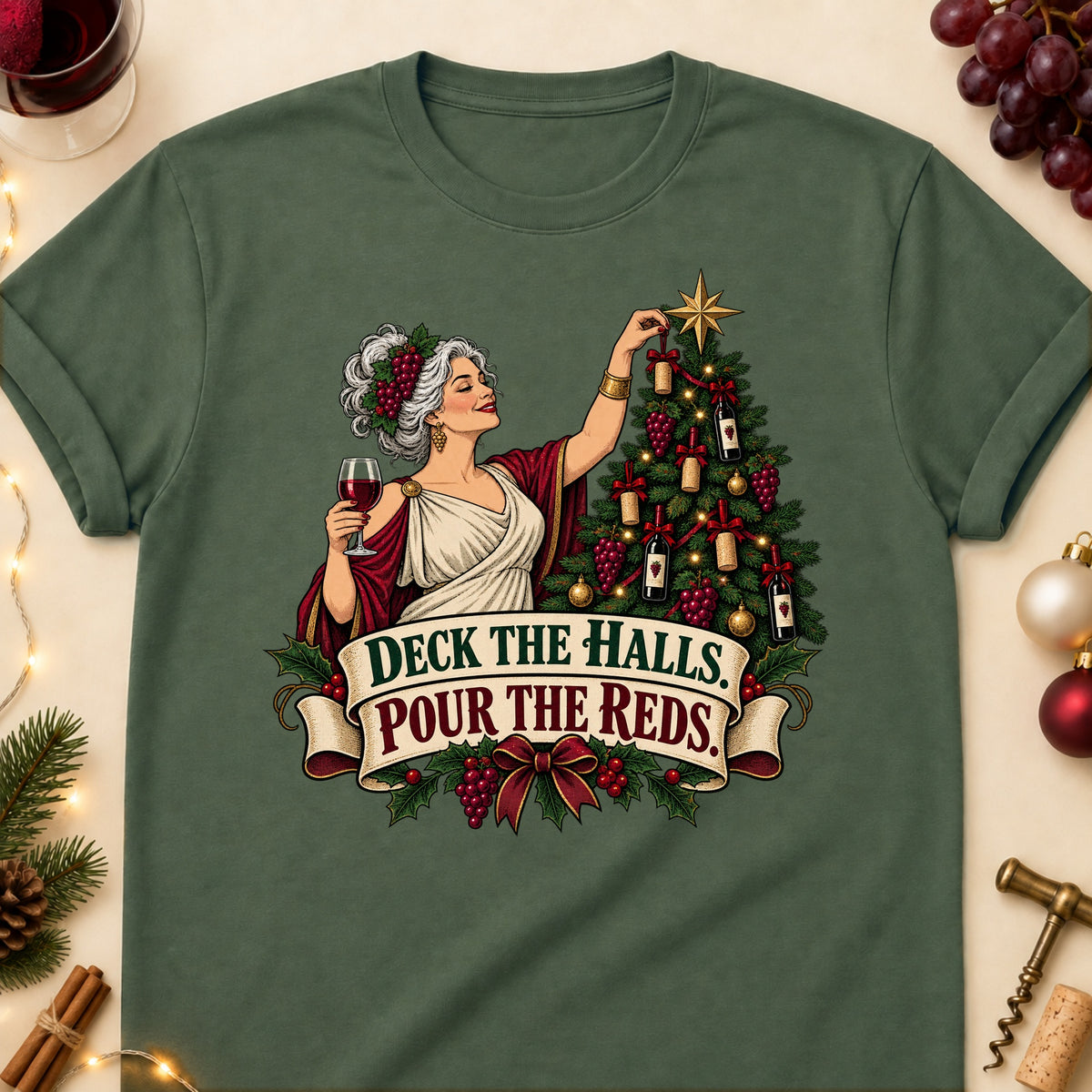 Deck The Halls. Pour The Reds Colored Print T-Shirt - Military Green - Brooke & Belle