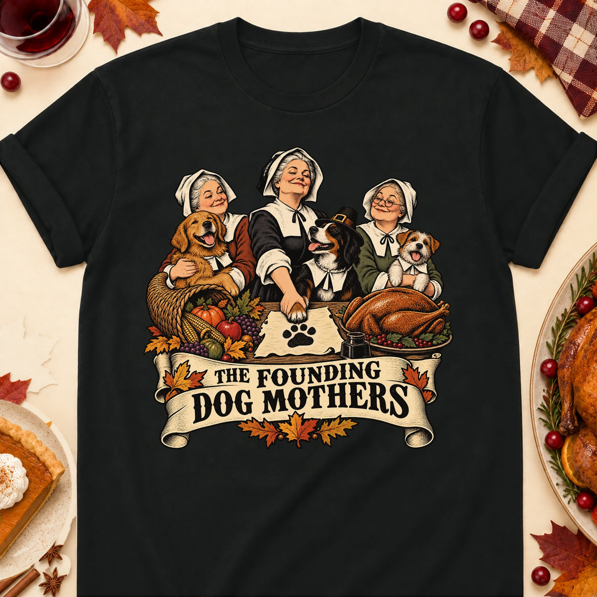 The Founding Dog Mothers Thanksgiving Dog Mom T-Shirt in Black