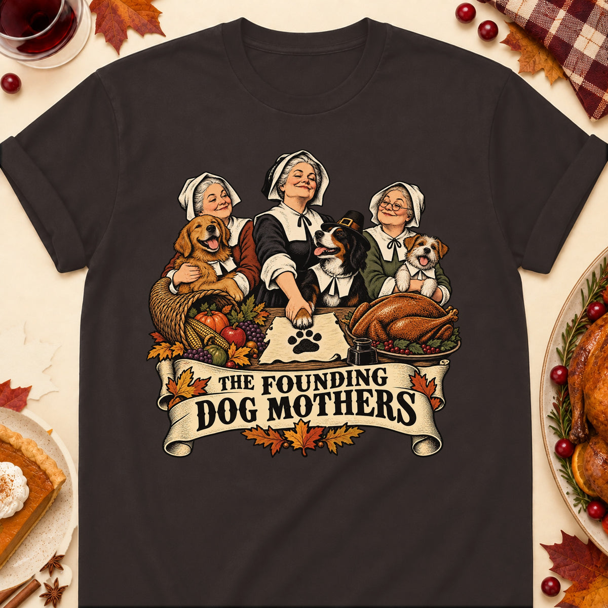 The Founding Dog Mothers Thanksgiving Dog Mom T-Shirt in Dark Chocolate