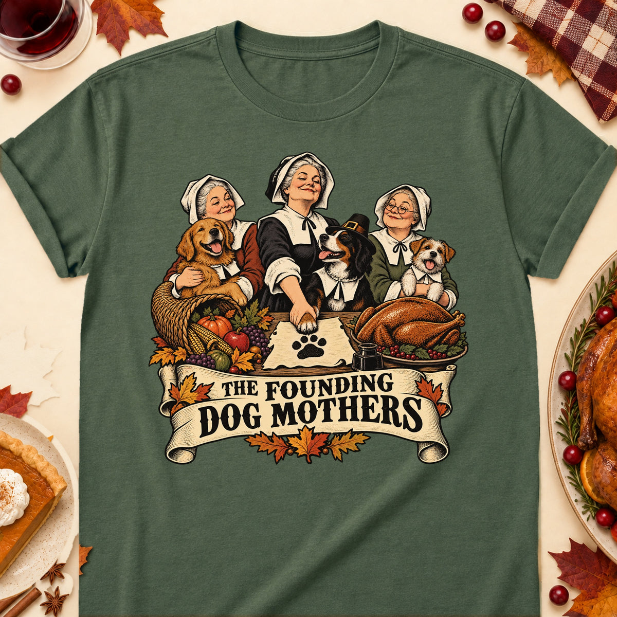 The Founding Dog Mothers Thanksgiving Dog Mom T-Shirt in Military Green