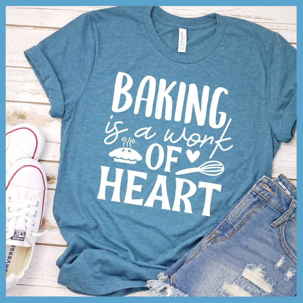 Baking Is A Work Of Heart T-Shirt Colored Edition Heather Deep Teal - Illustrated baking-themed design with heart on a casual T-shirt for chefs and bakers