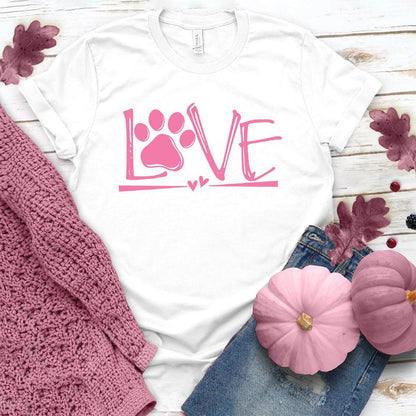 Dog Love V-Neck Pink Edition White - Casual Dog Love V-Neck T-Shirt with adorable paw and love design, perfect for pet owners