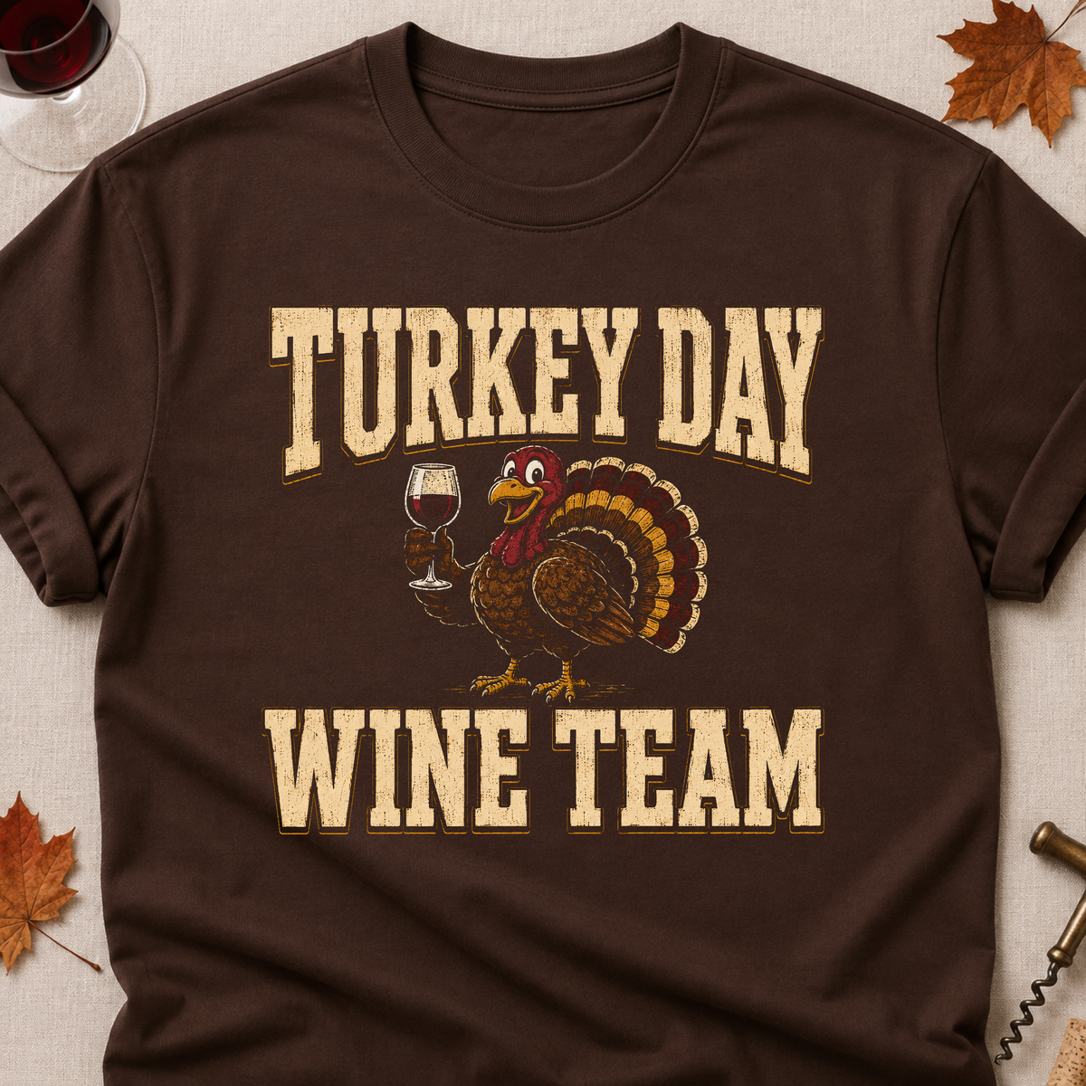 Turkey Day Wine Team Fall Colored Print T-Shirt - Dark Chocolate - Brooke & Belle