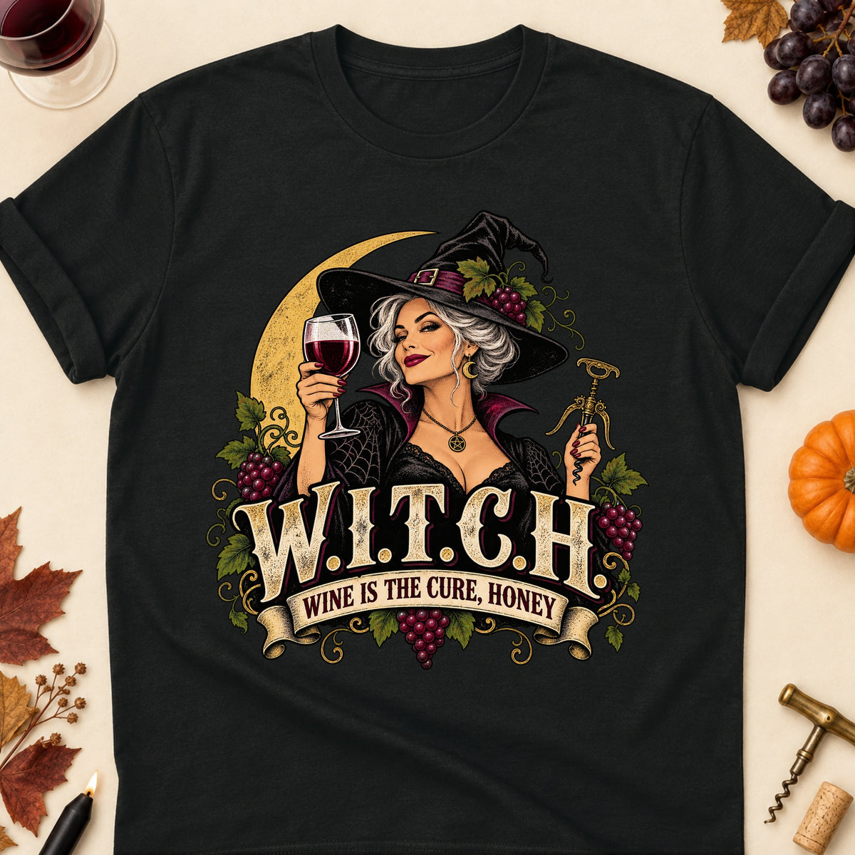 W.I.T.C.H. Wine Is The Cure, Honey Colored Print T-Shirt - Black - Brooke & Belle