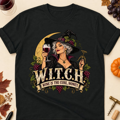 W.I.T.C.H. Wine Is The Cure, Honey Colored Print T-Shirt - Black - Brooke & Belle