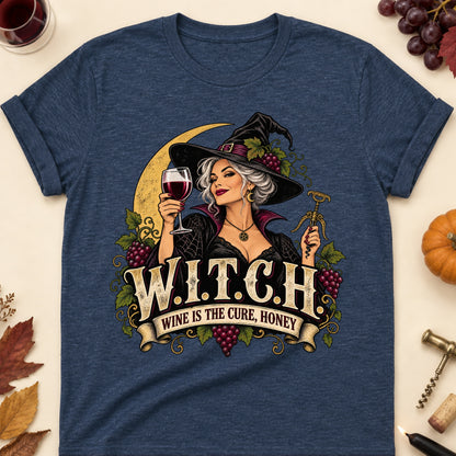 W.I.T.C.H. Wine Is The Cure, Honey Colored Print T-Shirt - Heather Navy - Brooke & Belle