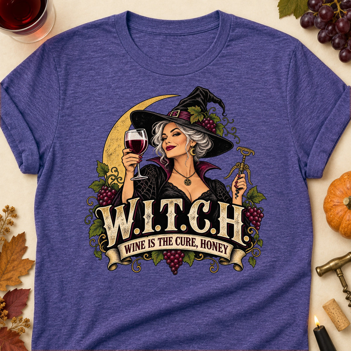 W.I.T.C.H. Wine Is The Cure, Honey Colored Print T-Shirt - Heather Purple - Brooke & Belle