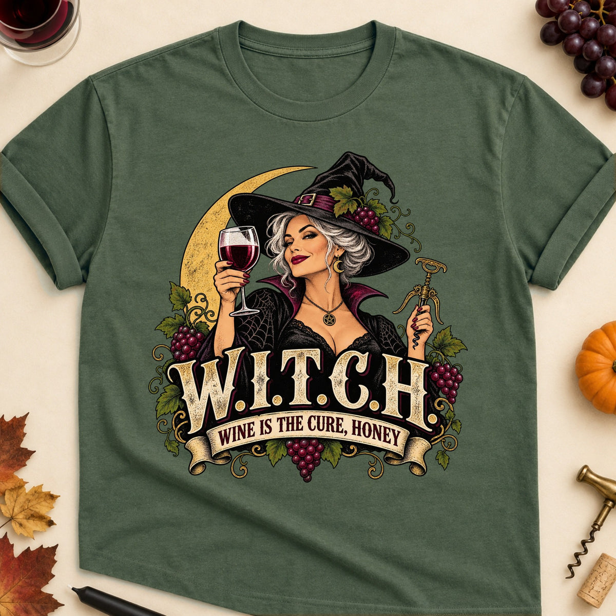 W.I.T.C.H. T-shirt in Military Green, laid flat. [bb c=military-green r=flat]