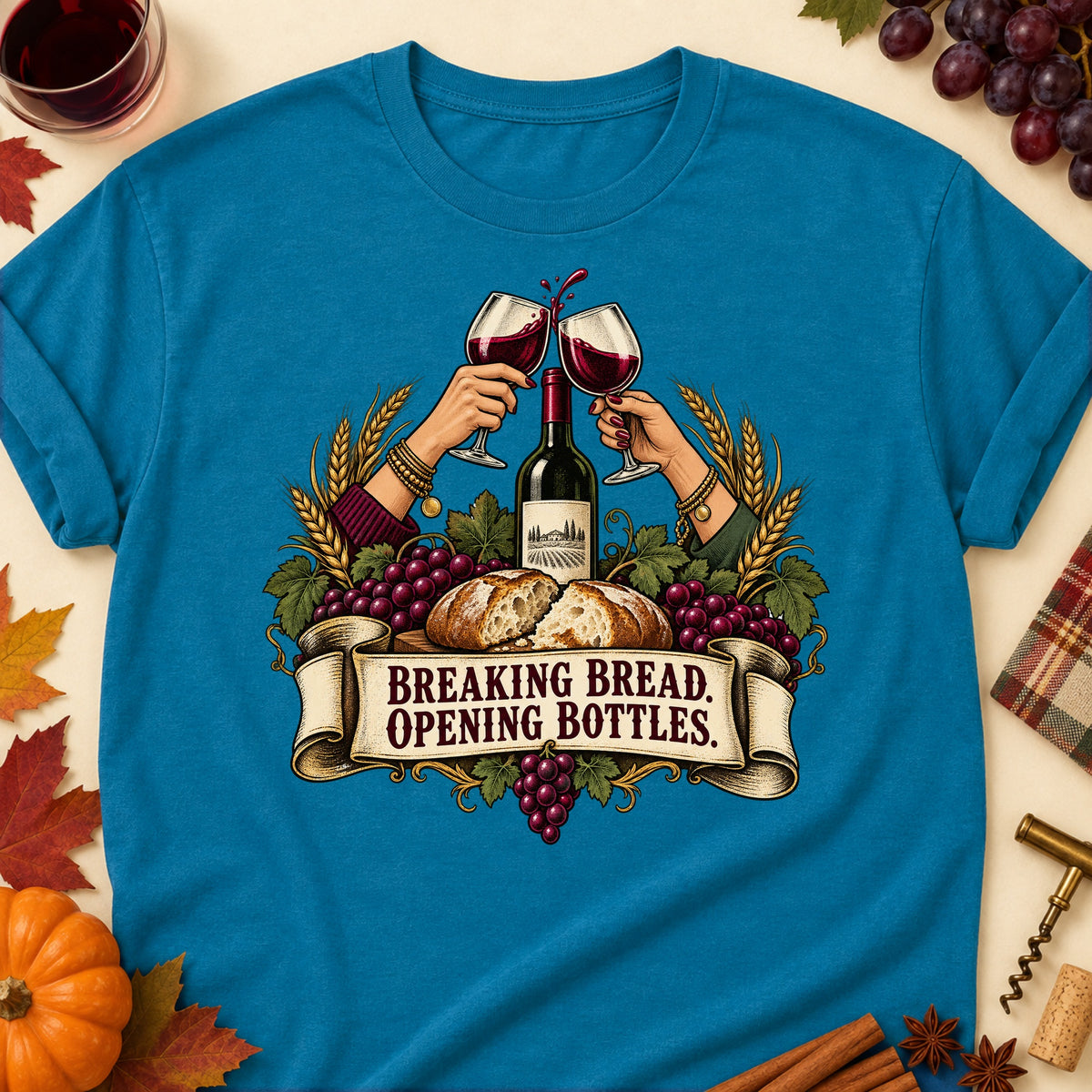 Breaking Bread. Opening Bottles Colored Print T-Shirt - Antique Sapphire - Brooke & Belle