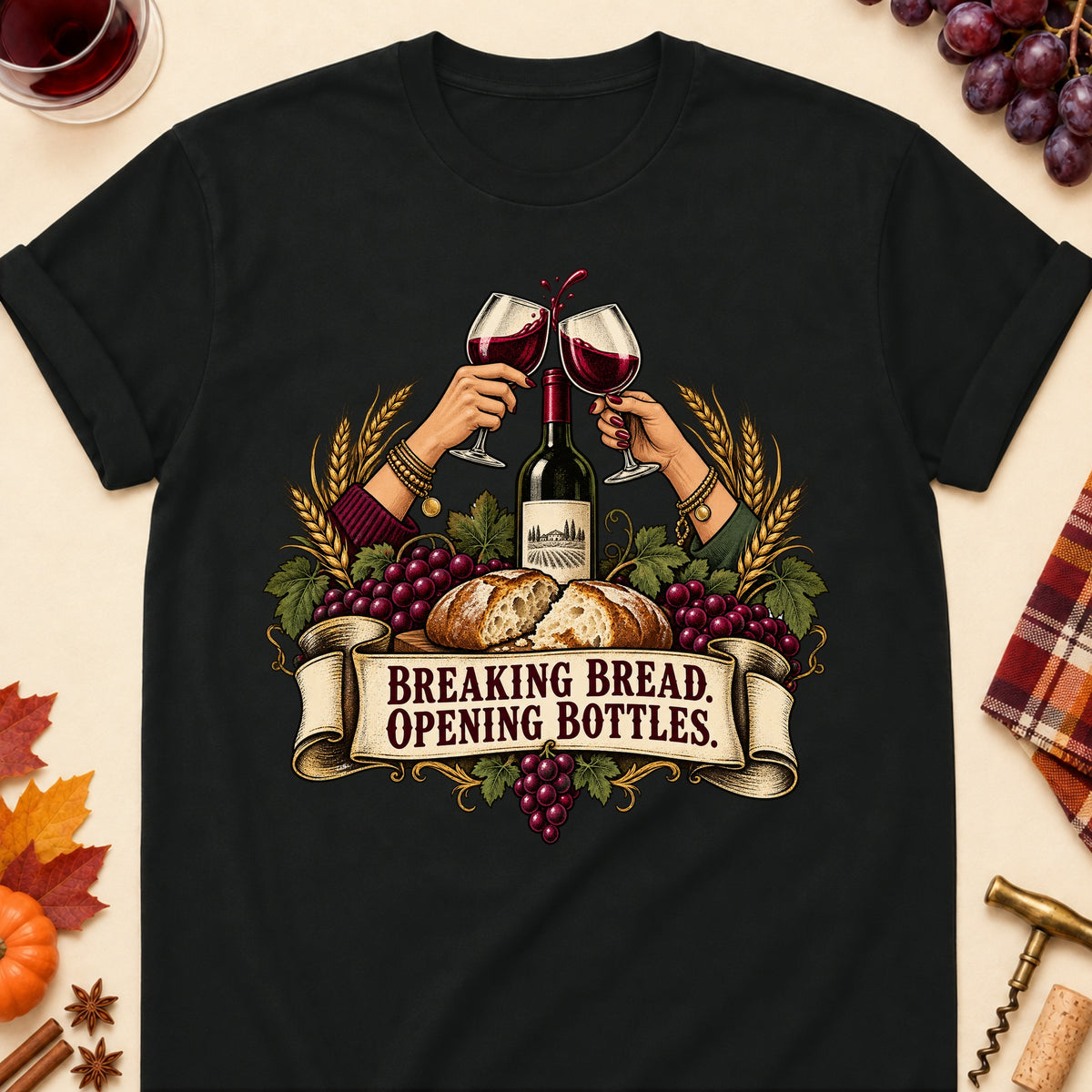 Breaking Bread. Opening Bottles Colored Print T-Shirt - Black - Brooke & Belle