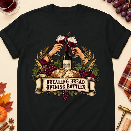 Breaking Bread. Opening Bottles Colored Print T-Shirt - Black - Brooke & Belle